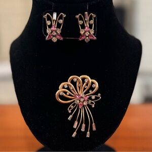 Vintage M & S Brooch & Earrings Set—1/20 12k Gold Filled, Pink/Clear Rhinestones